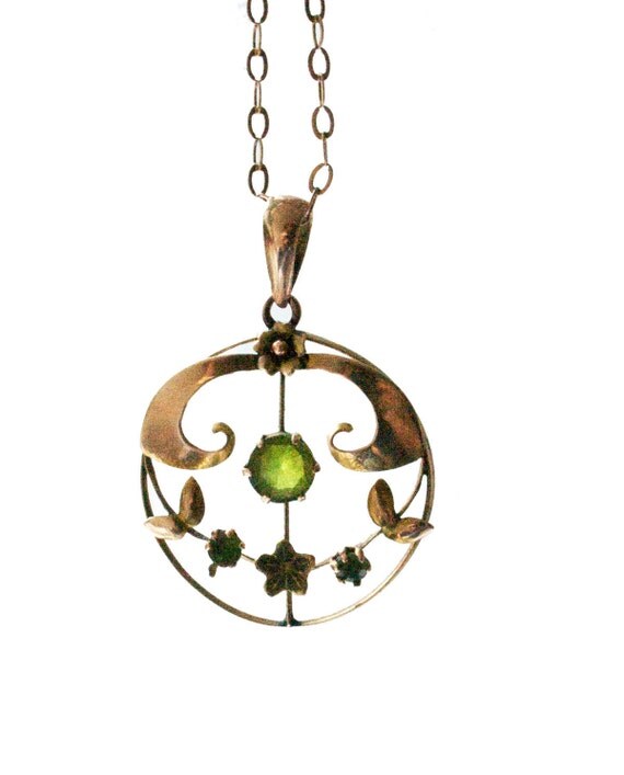 Art Nouveau Peridot 9ct Rose Gold Antique Pendant Chain Green Necklace English Late Victorian Edwardian 1900 Bridal Bridesmaid