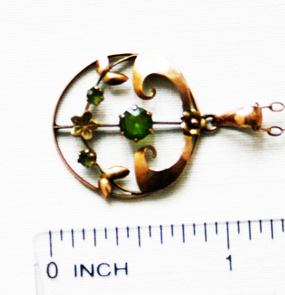 Art Nouveau Peridot 9ct Rose Gold Antique Pendant Chain Green Necklace English Late Victorian Edwardian 1900 Bridal Bridesmaid