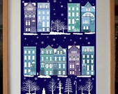 New York Brooklyn Brownstone Houses on a Winter's Night Art Print