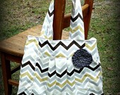 Pleated Diaper Bag with gray, gold and cream Chevron stripes with rosette