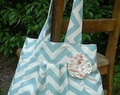 The JuJu Blue Chevron,  pleated Diaper Bag with Pink polka dot  rosette