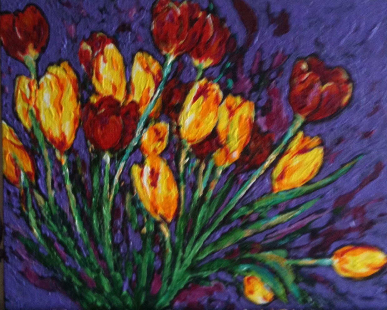 Colorful Tulips, 10 x 8 inch acrylic floral painting, texture, original painting