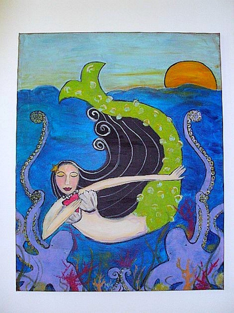 Original Signed Painting - Mermaid and Octopus - Folk Art