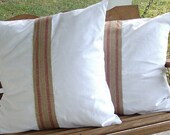 Decorative Pillow Covers - Red Burlap Stripe on White Cotton - Throw Pillow - Accent Pillow - 24x24