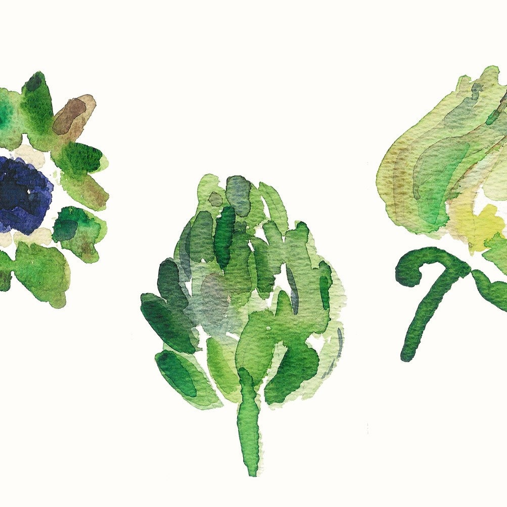 Artichoke Botanical Study - Art Print  in green and eggplant  limited edition, kitchen decor