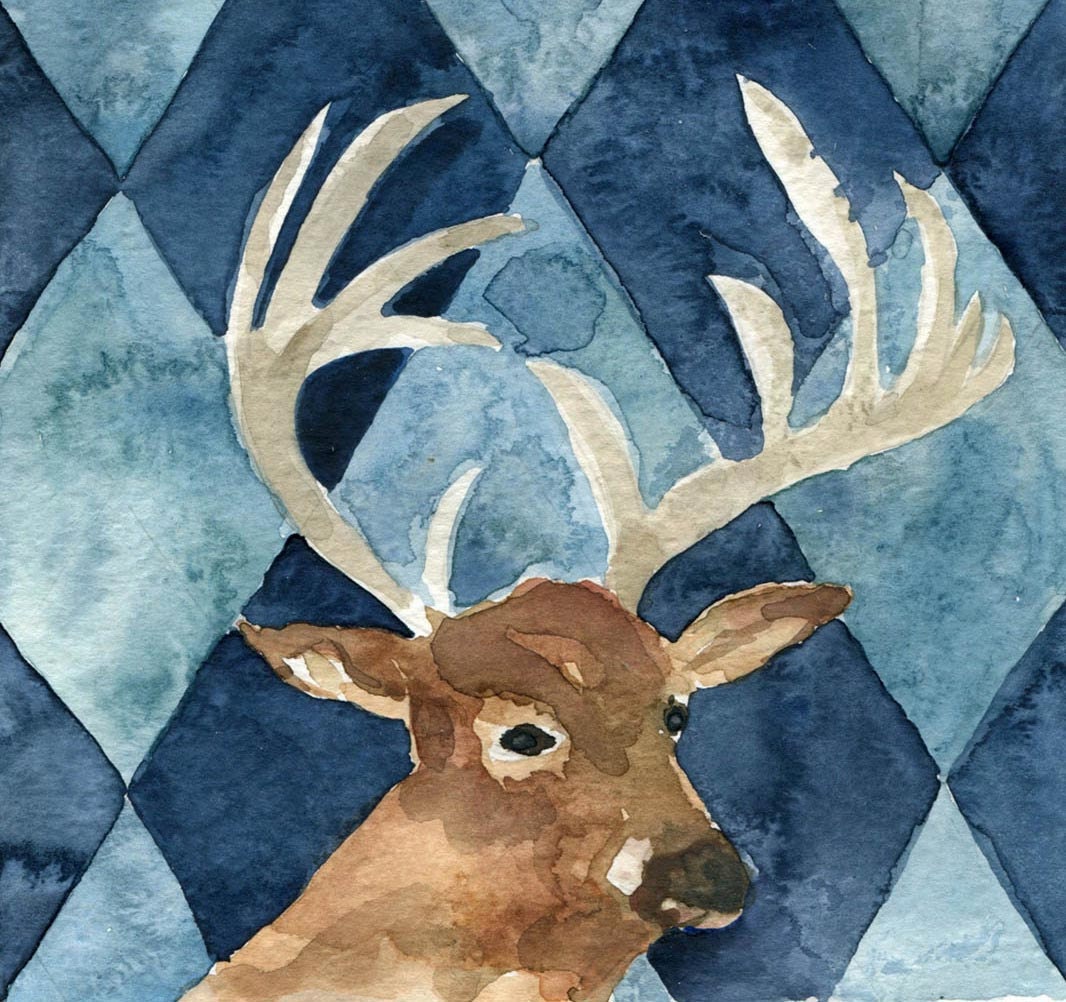 Oh Deer Print of  Original Watercolor painting of deer on argyle ground, woodland, for men,  Christmas, country style, father's day