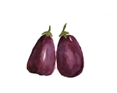 2 Eggplants art Print of original watercolor painting, Botanical , still life in purple Aubergine and olive, kitchen decor. limited edition