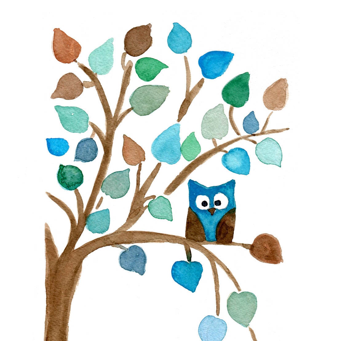 Owl on a Tree  art Print of original watercolor painting, Nursery Art, thejoyofcolor, Baby shower, kids, woodland, Blue aqua brown