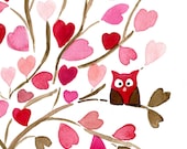 Owl on Hearts Tree 16X11 art  Print of  original watercolor. Personalized, girls wall art , baby girl, nursery decor, pink brown