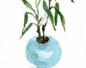 Lucky Bamboo in Aquamarine Pot Print of original watercolor still life painting, plant, zen, mothers day .calm ,limited editon, minimalist,
