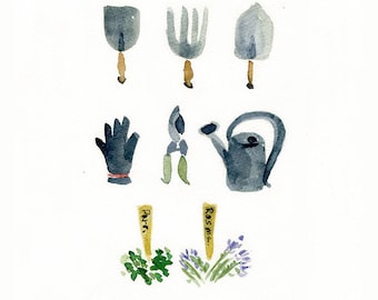 The Gardener's Tools Print of my original watercolor painting for garden lovers unisex limited edition, fathers day, mothers day