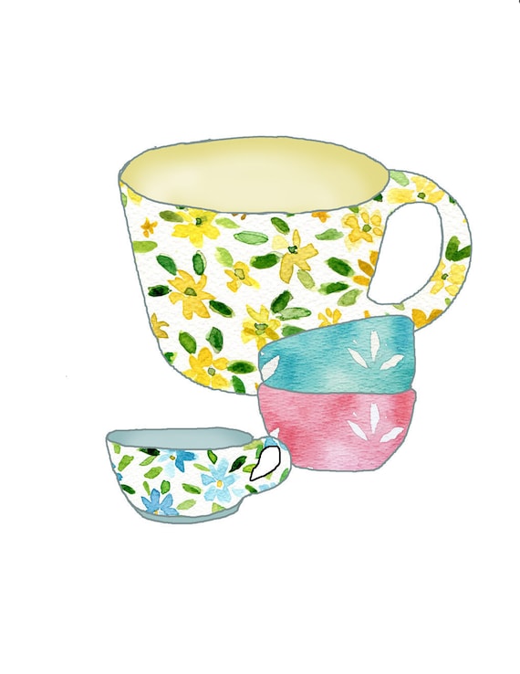 Breakfast mugs and bowls ,Shabby chick ,Retro fun , kitchen wall decor, limited edition, gift for women, mothers day by thejoyofcolor