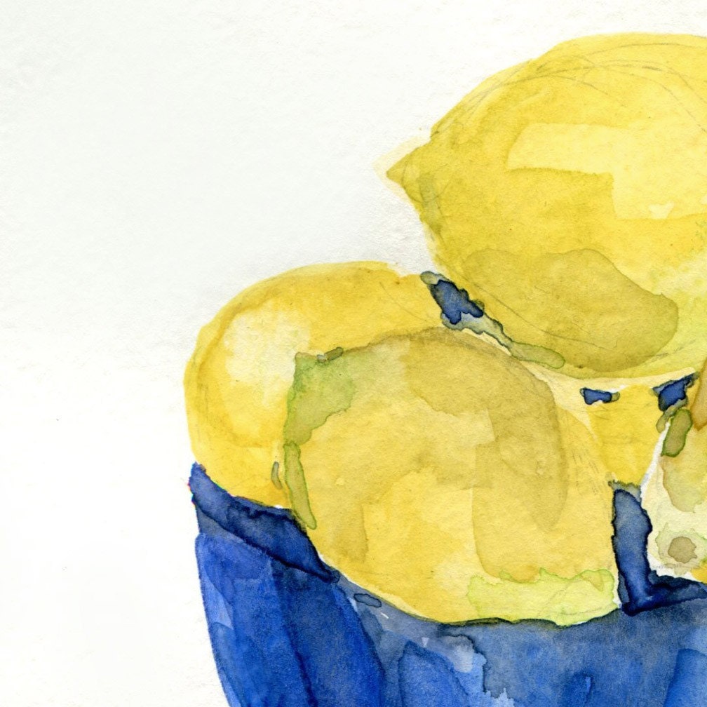 Lemons in Blue bowl art print of  still life painting , limited edition, Fresh, Blue , Lemon Yellow,Mediterranean, kitchen art