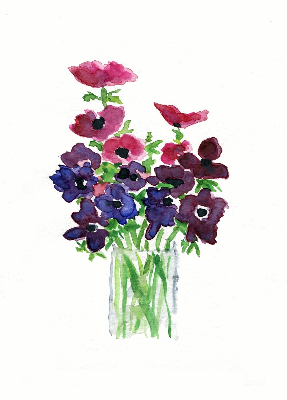 Anemone bouquet Print of my original Still Life watercolor painting in Purple Fuchsia and Green limited edition, mothers day
