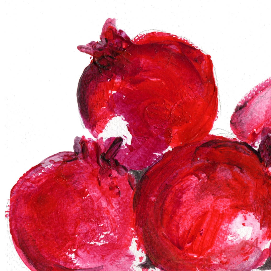 Pomegranates Art print of original painting Acrylic on paper still life, in deep ruby red, rustic bold wall art, home decor, kitchen art