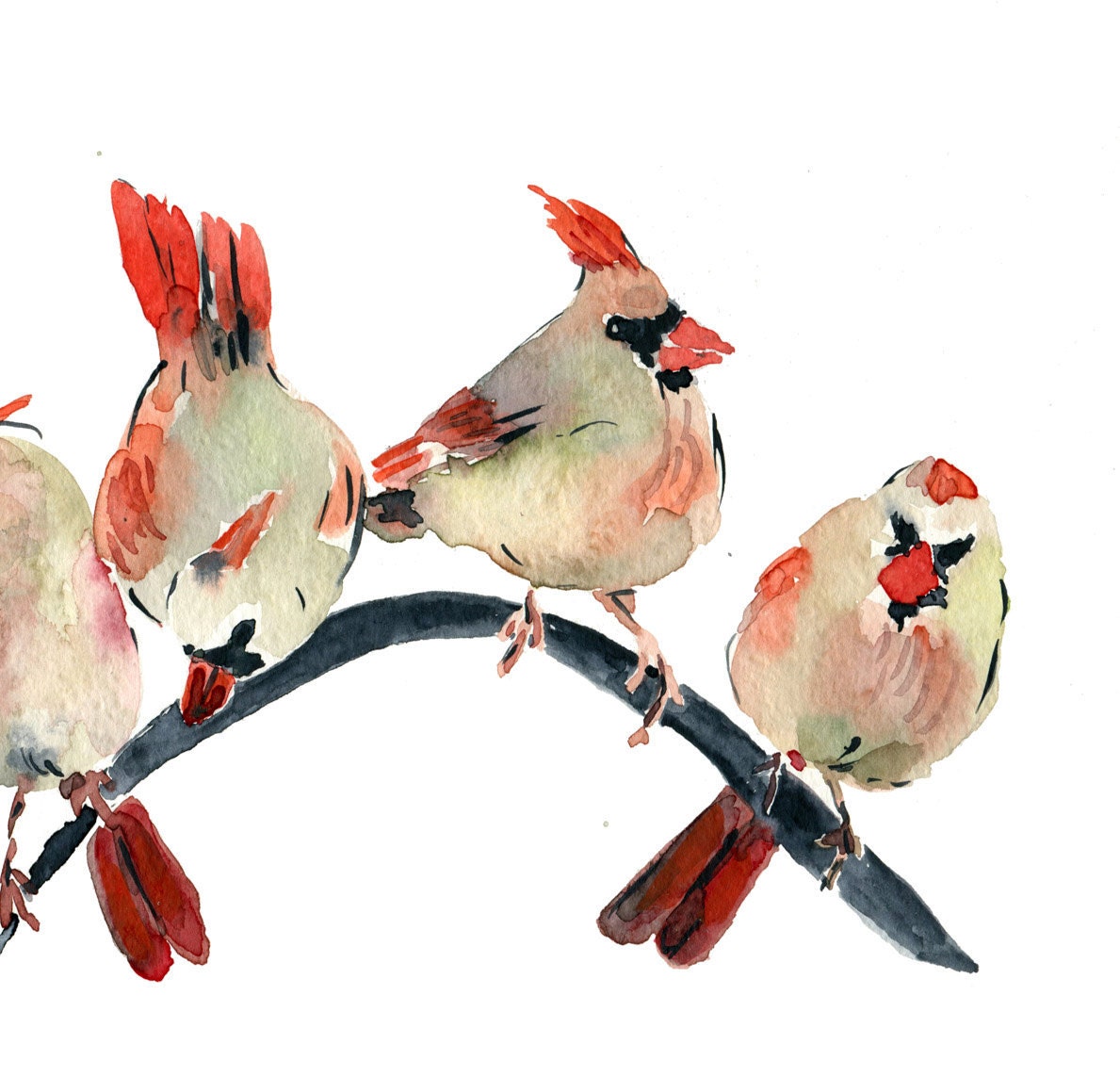 Cardinals gathering, art Print of watercolor painting, Holiday, Christmas, wall decor, Nursery decor, woodland, bird art, digital art print
