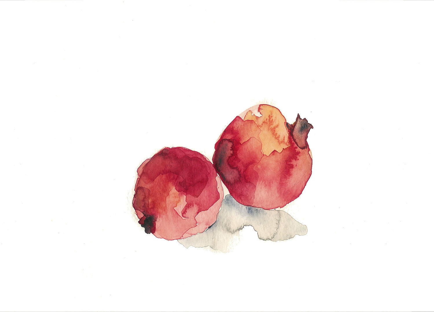 Pomegranates No.3 digital art  print of original still life  watercolor painting, Red and salmon huetins, kitchen art, still life