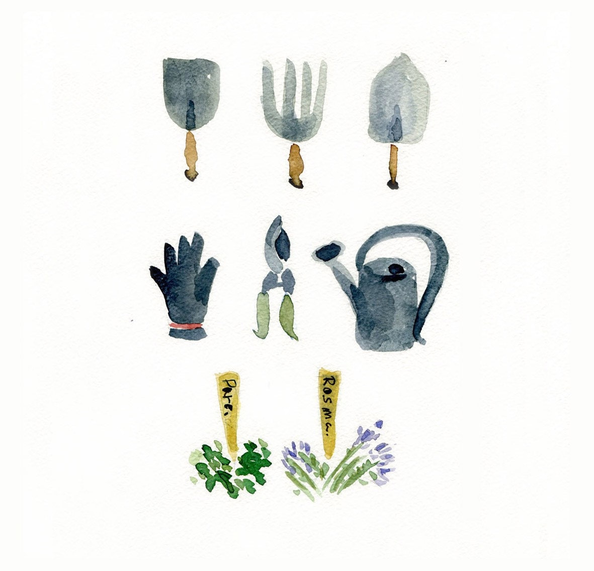 The Gardener's Tools Print of my original watercolor painting for garden lovers unisex limited edition, fathers day, mothers day