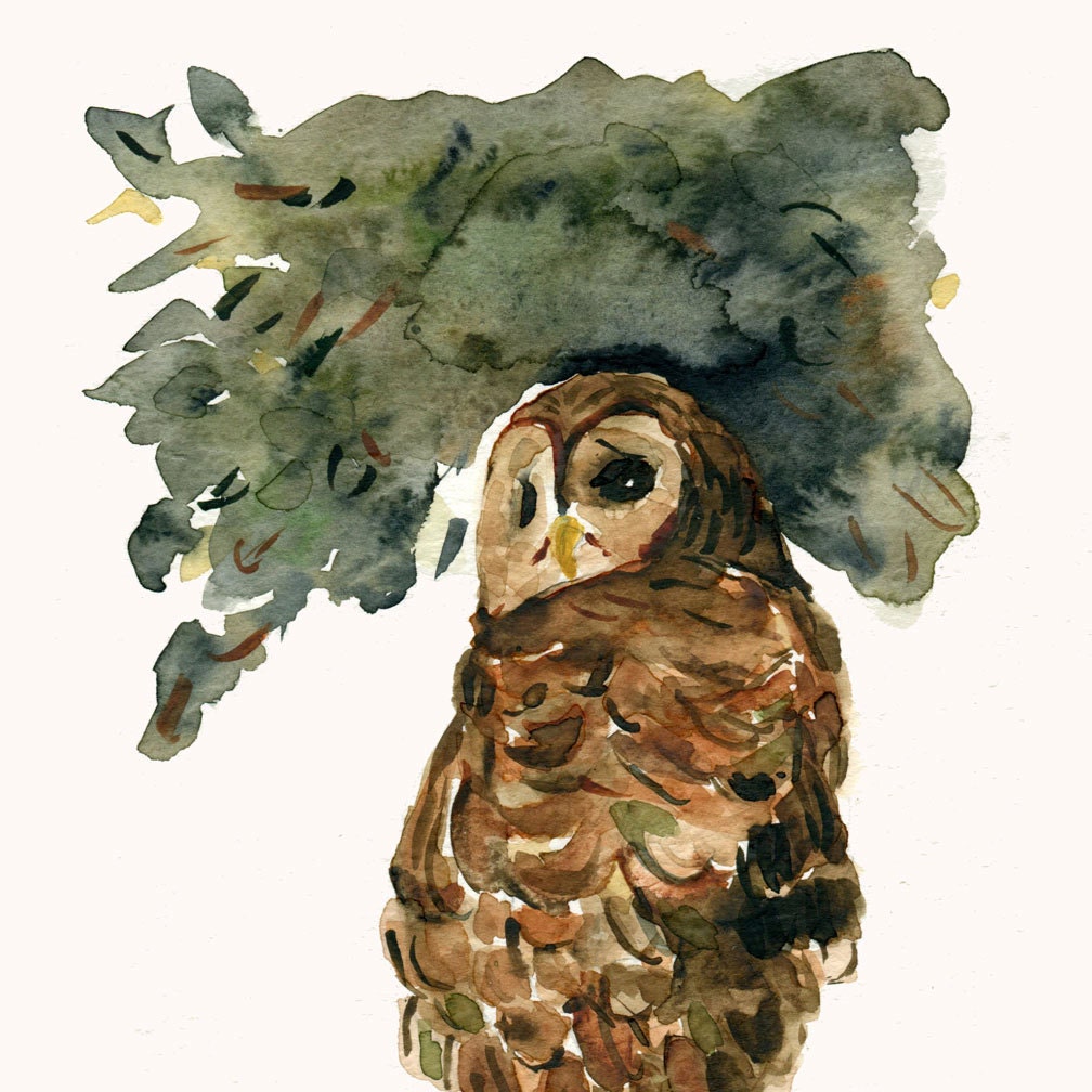 The Grumpy Owl Print of watercolor painting, Birds, Natural history, Halloween, autumn, Brown, Green limited edtion, woodland