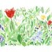 Roos's spring garden, original watercolor painting of first spring bloom, Fresh green, Red, Purple, mothers day, shabby chic