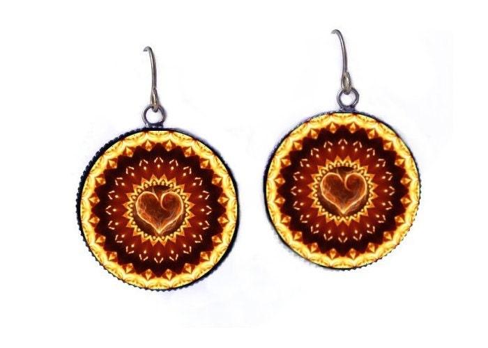 Flaming Heart Kaleidoscope Earrings - Mandala Jewelry -EtsyBRC Burning Man -Burner Raver Hippie - FireGrog