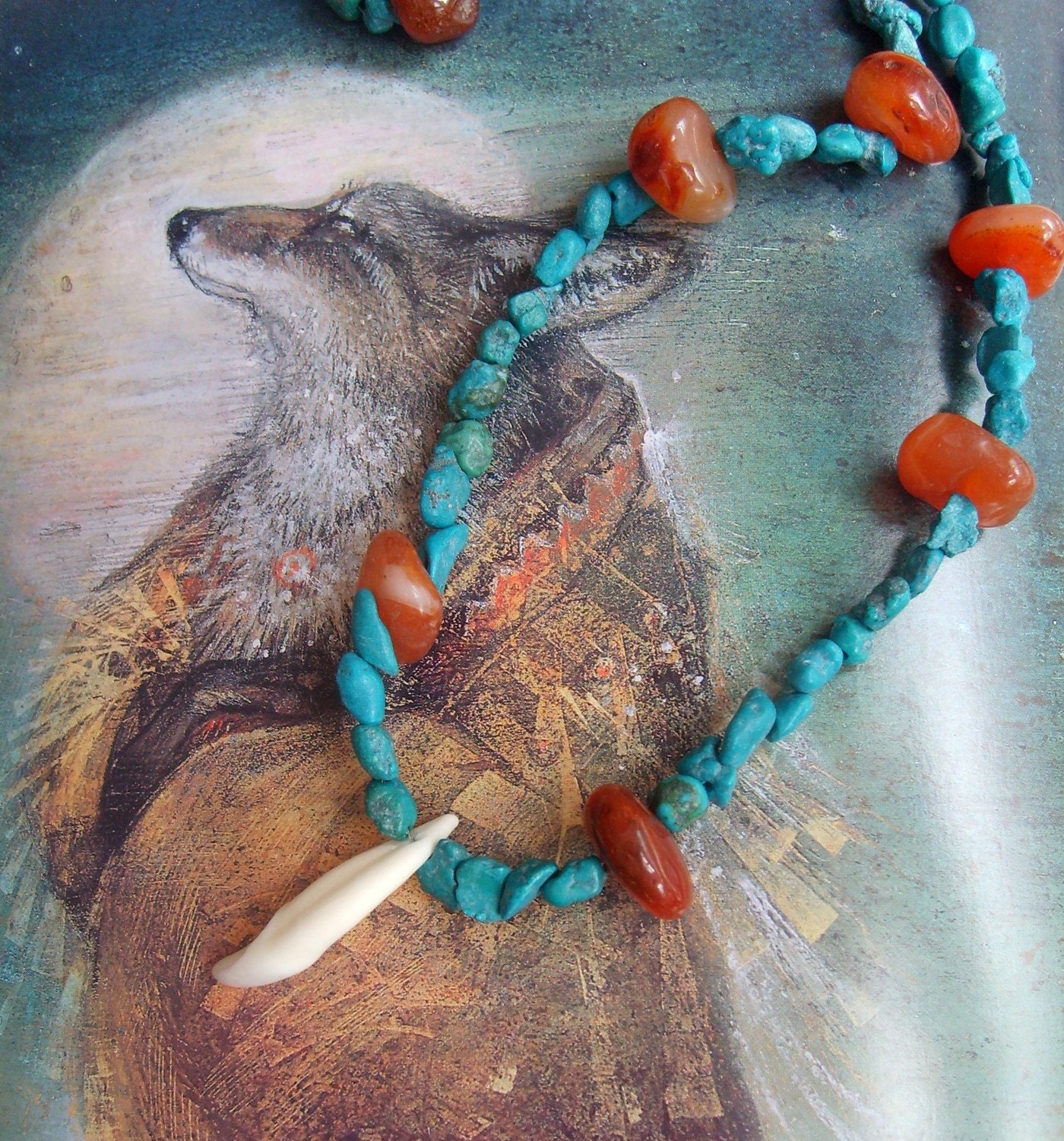 Hungry Like the Wolf, Power & Protection Amulet, Reiki-Charged Necklace with Coyote Tooth, Turquoise and Carnelian for Man or Woman