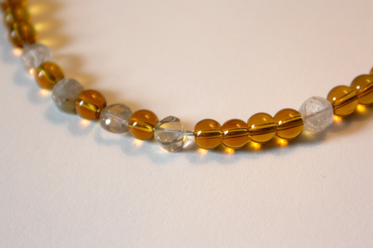 Clear and Strong, Gold Rutilated Quartz and Amber Teething Necklace, Reiki Charged for toddler boy or girl, 13.5"