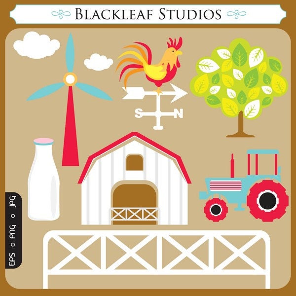 Barnyard Clip Art Set - Instant Download - farm, tractor, rooster, barn house, milk bottle, farm produce, logo - Personal and Commercial