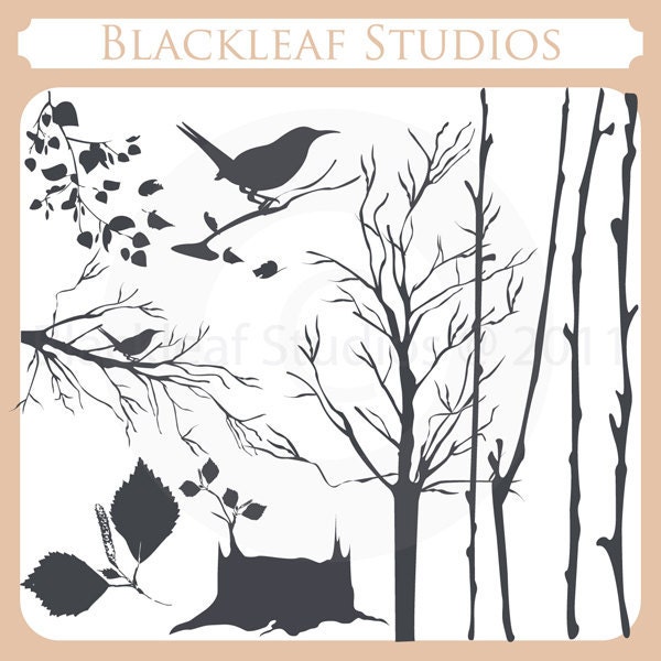 Birch Tree Silhouettes Clip Art Instant Download - fall leaves, branches, twigs, tree stump, perched bird - Personal and Commercial Use