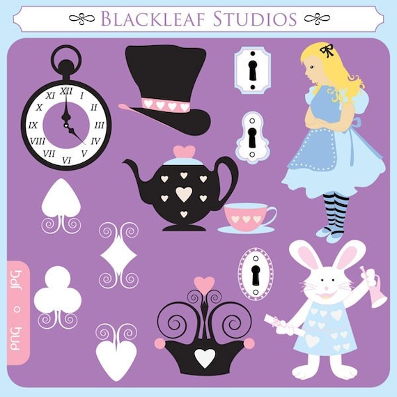 Alice in Wonderland Clip Art Instant Download - rabbit, mad hatter, hearts, tea party, tea pot, cups - Personal and Commercial Clipart Il_570xn