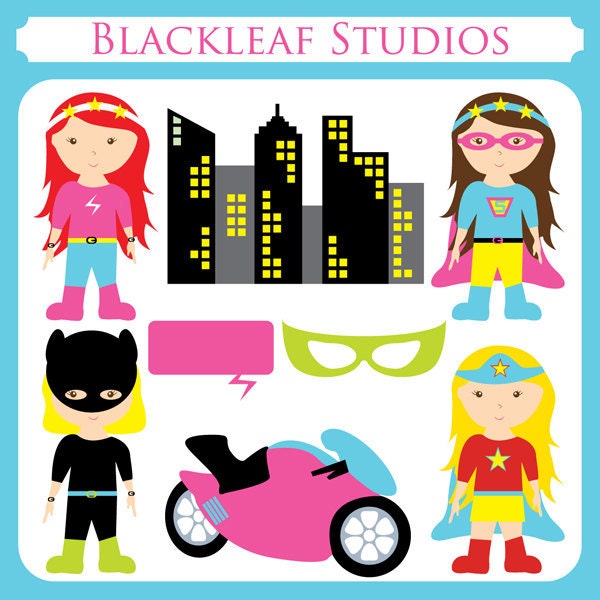 Super Girls Heroine - kiddy super heroes, girl heroine, little hero, superwoman, super bike, batwoman - Personal and Commercial Use Clip Art Il_570xn