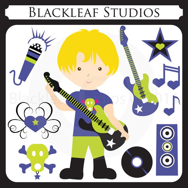 Little Rock Star Boy - musician, guitar, school band, tattoo, heart flourish, rockstar boy, punk - Personal and Commercial Use Clip Art Il_570xn