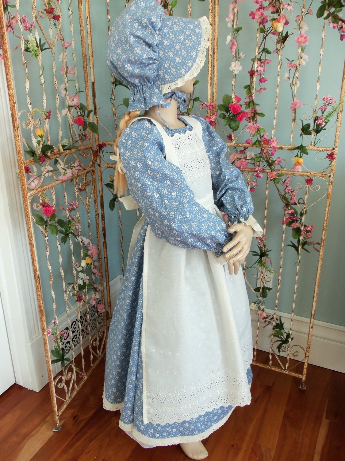 New Girls Pioneer Prairie Dress Costume Blue 3 Piece Set