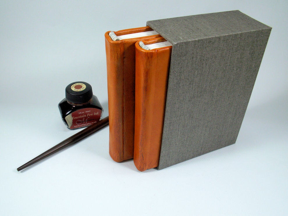 Set of Blank Leather Bound Books in Slipcase, Personalized Leather Journal Set with Case