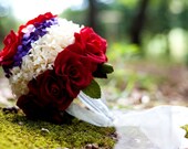 paper flower wedding bouquet - ooak biedermeier with red roses, white hydrangea, purple wildflowers, pink cherry blossoms, and rose leaves