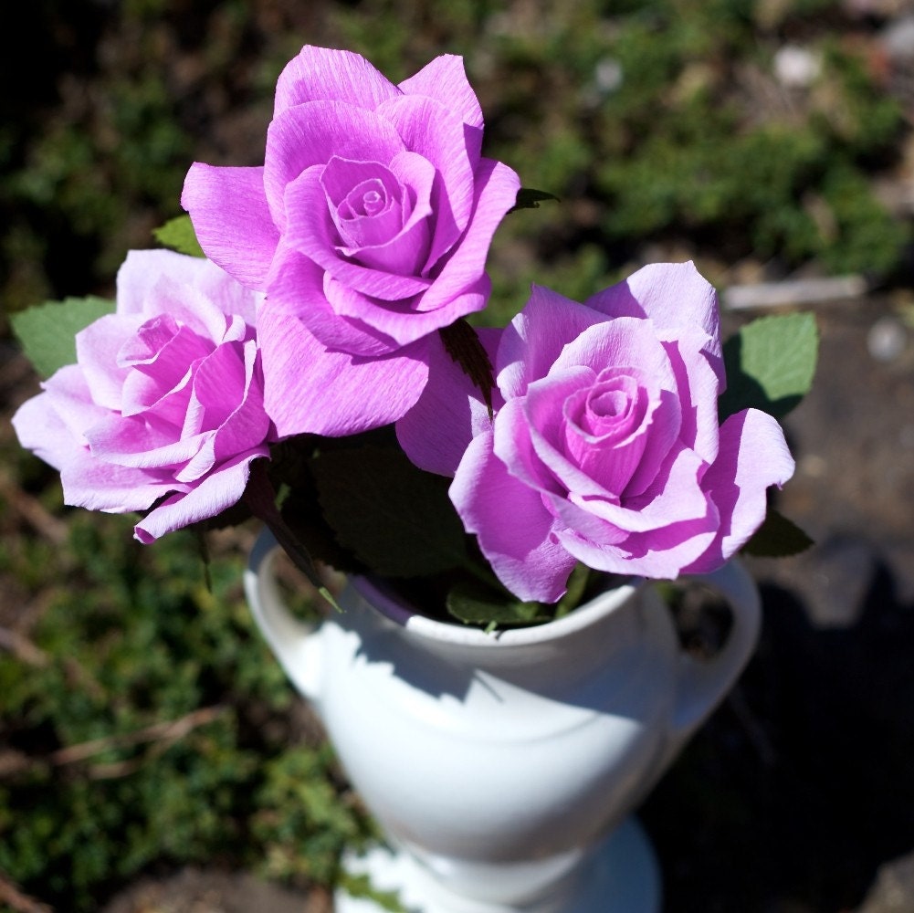 3 paper roses, short stem, in color of your choice - paper flowers for gift, wedding, or home decor