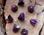 Purple Flower Petal Bead Caps. 8 Enameled Bead Caps Set. Handmade Enamel Findings. Bells Earrings supplies