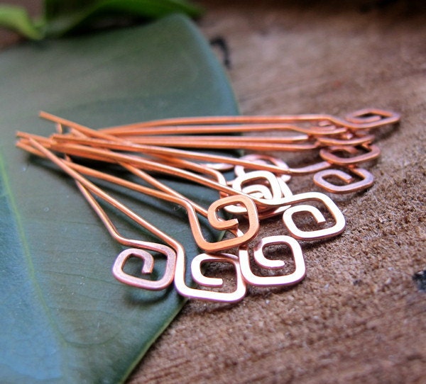 22g Copper Square Spirals Headpins Set - 15 pcs Hammered swirl head pins. Earrings Supplies. Jewelry Findings