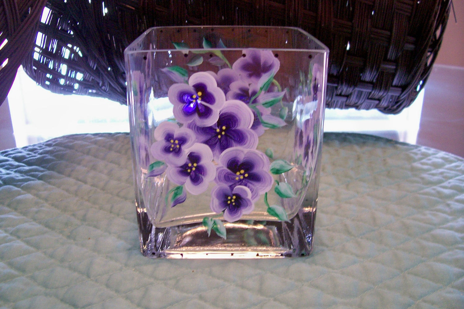 Hand Painted Violets Glass Candle Holder