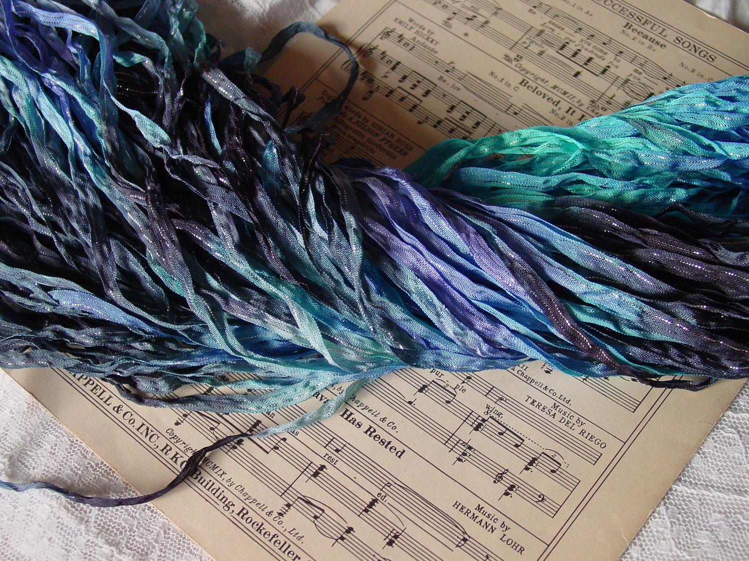 NEW - Hand dyed SEA CAVE dazzle ribbon, 5 yards