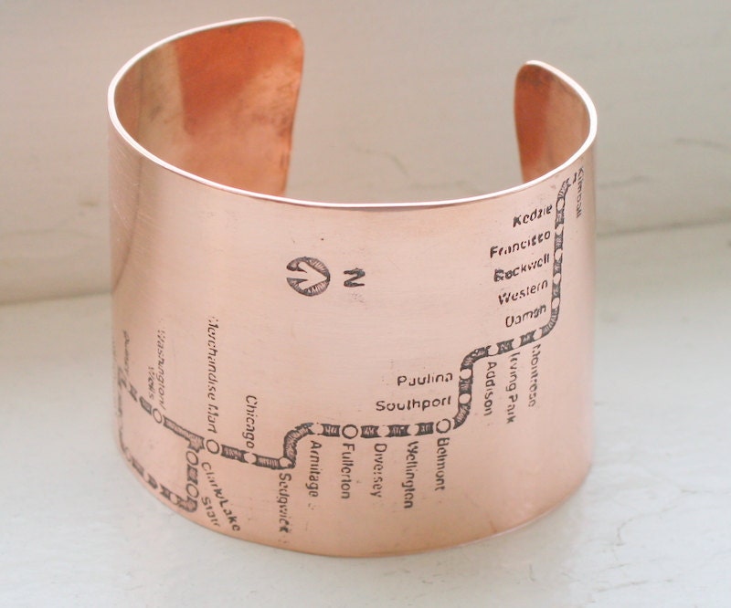 Chicago Subway CTA Map Copper Cuff Bracelet - Brown Line