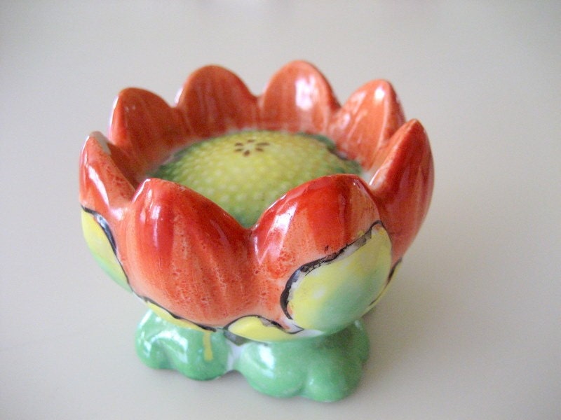 Vintage Japanese Pottery  Lotus Bloom Flower Frog