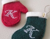 FREE SHIPPING - CUSTOM mini stocking & mitten - Hand Embroidered - Please choose your color and alphabet -