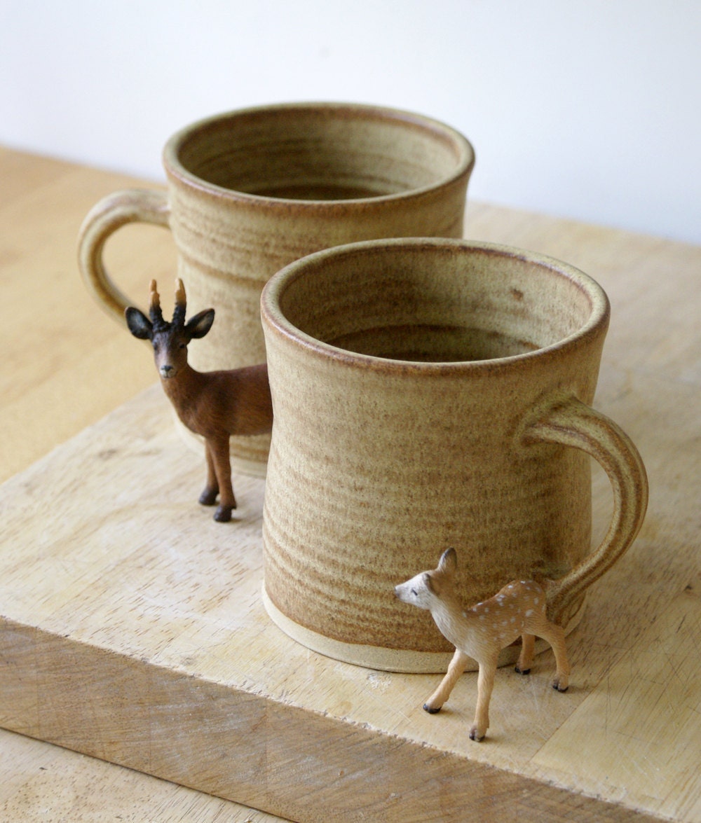 Set of two handmade tea mugs - stoneware pottery mugs glazed in natural brown