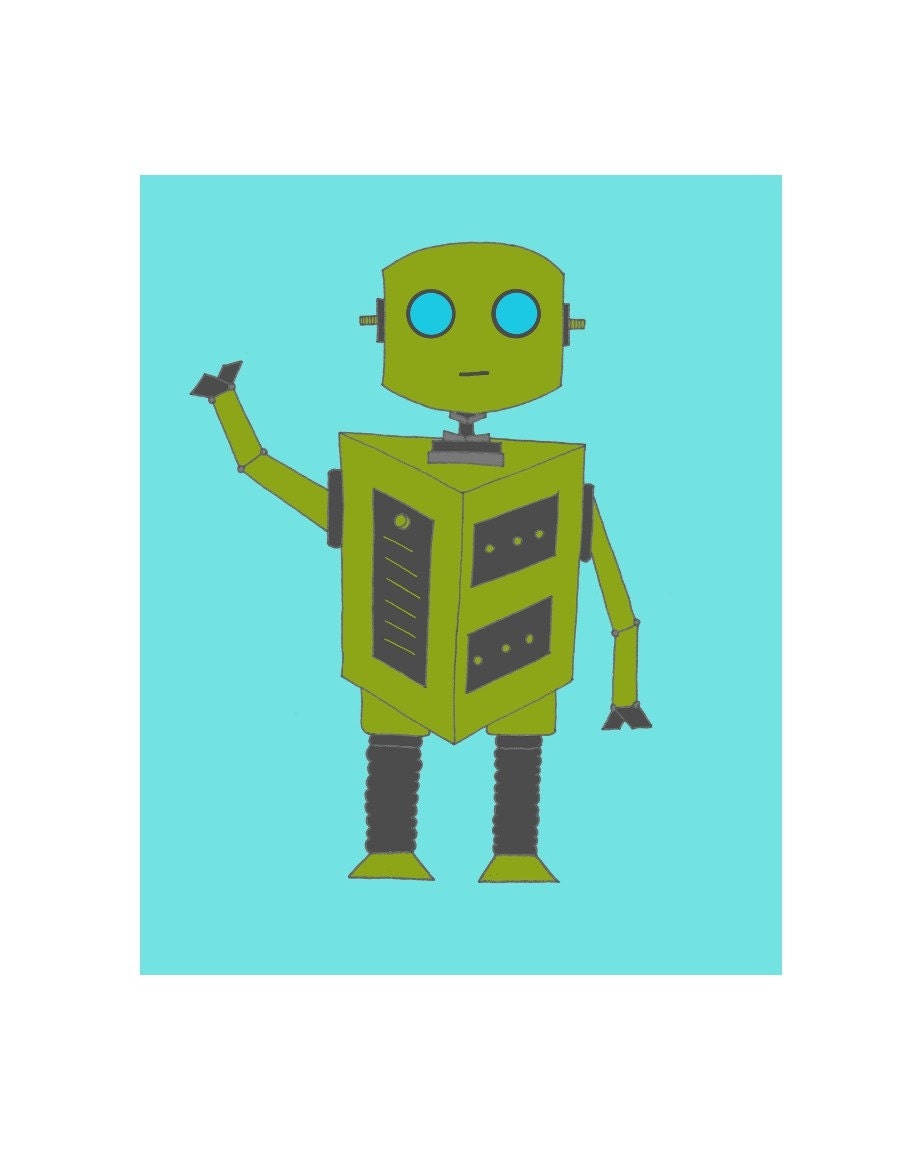 Robot Art Print, Ted The Robot 8x10 Children Giclee Art Print, Digitally Colored, Green And Blue