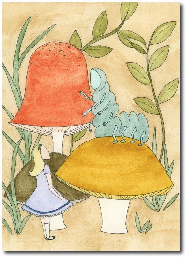 Alice In Wonderland And The Caterpillar On Mushrooms 5x7 Picture, Children Giclee Art Print