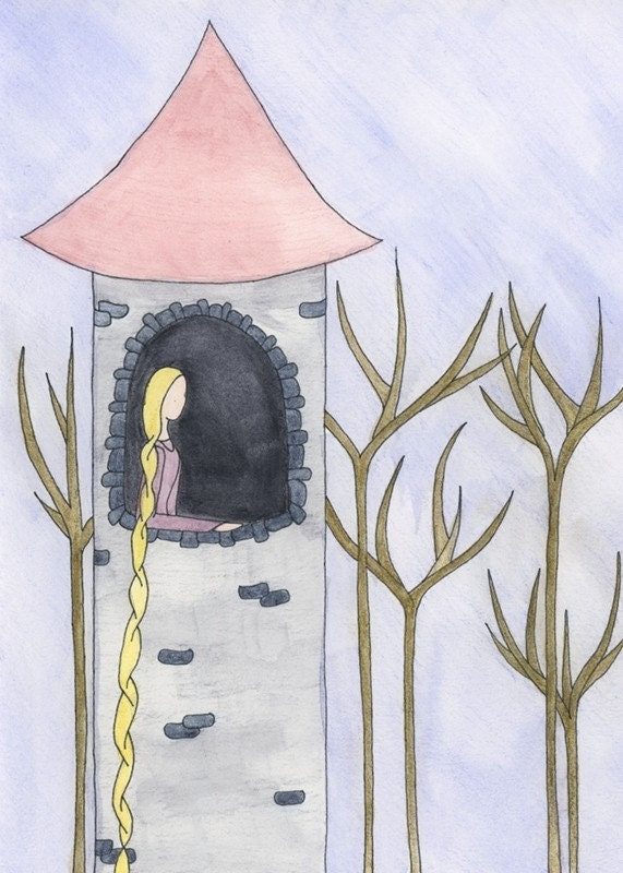 Princess Art Print, Rapunzel Let Down Your Hair Fairy Tale 5x7 Picture, Children Giclee Art Print, Princess Tower In The Forest, Purple Pink