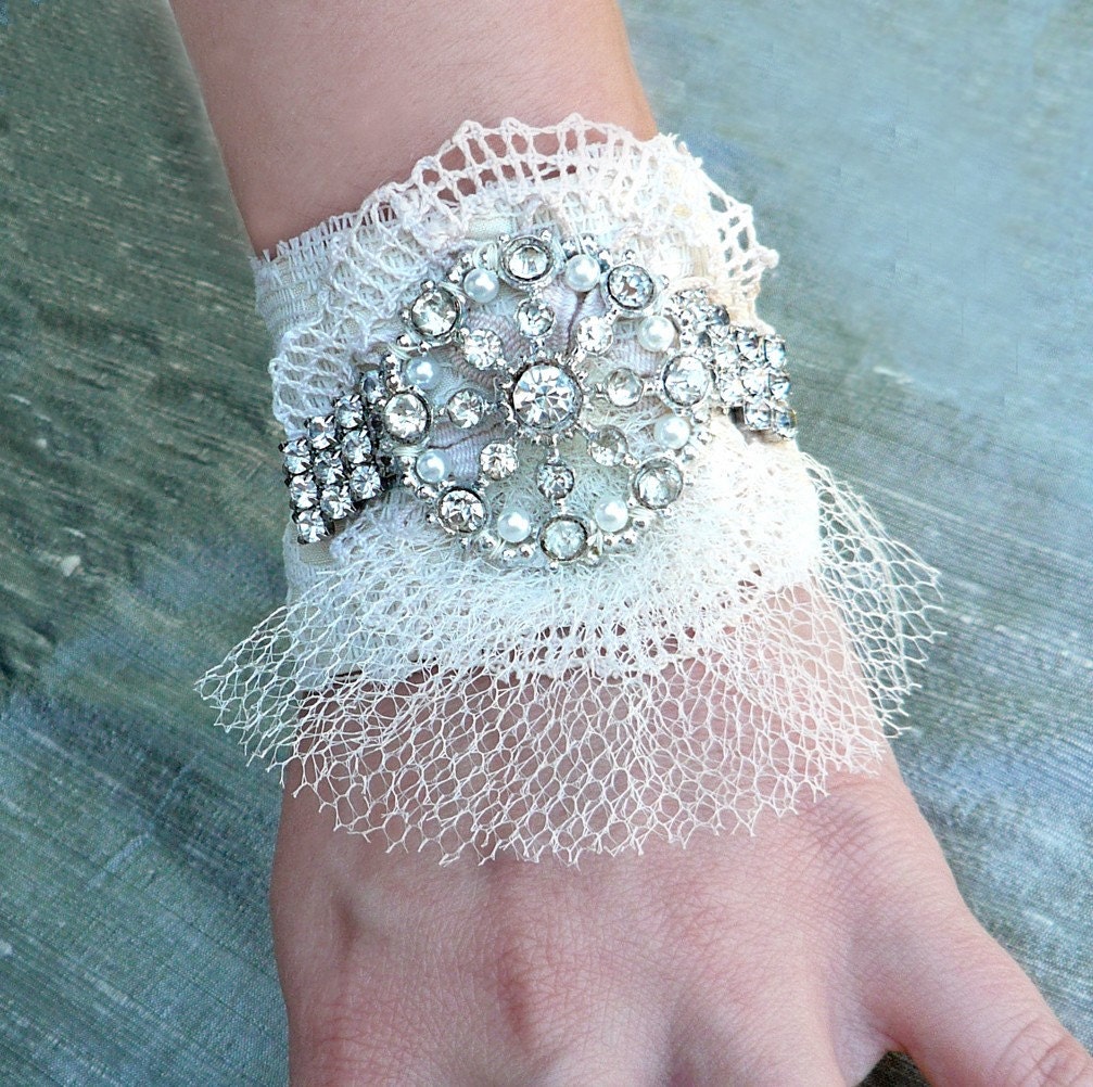 Victorian Ivory Lace Cuff - Silk Bridal Bracelet Vintage Rhinestone Pearl Cuff
