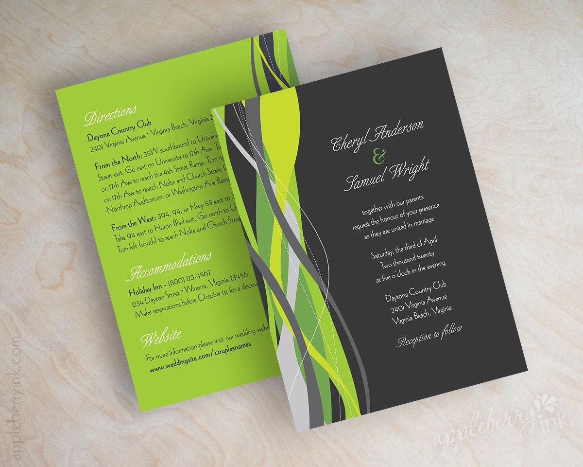 Ribbon Wedding Invitation, Contemporary Wedding Invitations, Modern Wedding Stationery, Lime Green, Charcoal Gray, Medina