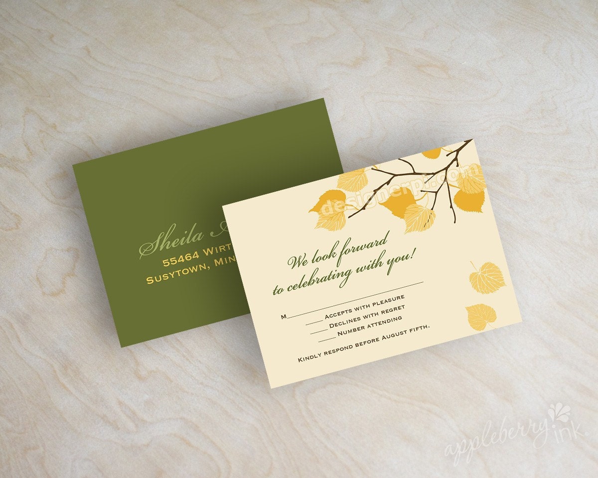 Wedding invitations, birch tree, fall leaves in gold, olive green, brown and ivory